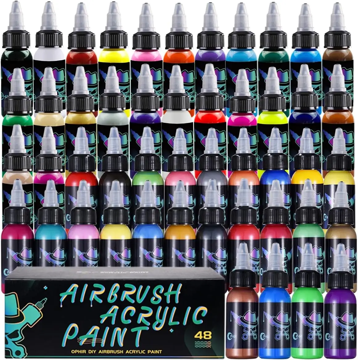 OPHIR Airbrush Paint Model Air Brush Paint Set, Water-Based Opaque Acrylic Airbrush Paint for Shoes, Rocks, Paper-Professional 48 Airbrush Colors(1.05 OZ/Bottle)
