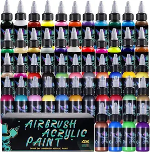 OPHIR Airbrush Paint Model Air Brush Paint Set, Water-Based Opaque Acrylic Airbrush Paint for Shoes, Rocks, Paper-Professional 48 Airbrush Colors(1.05 OZ/Bottle)