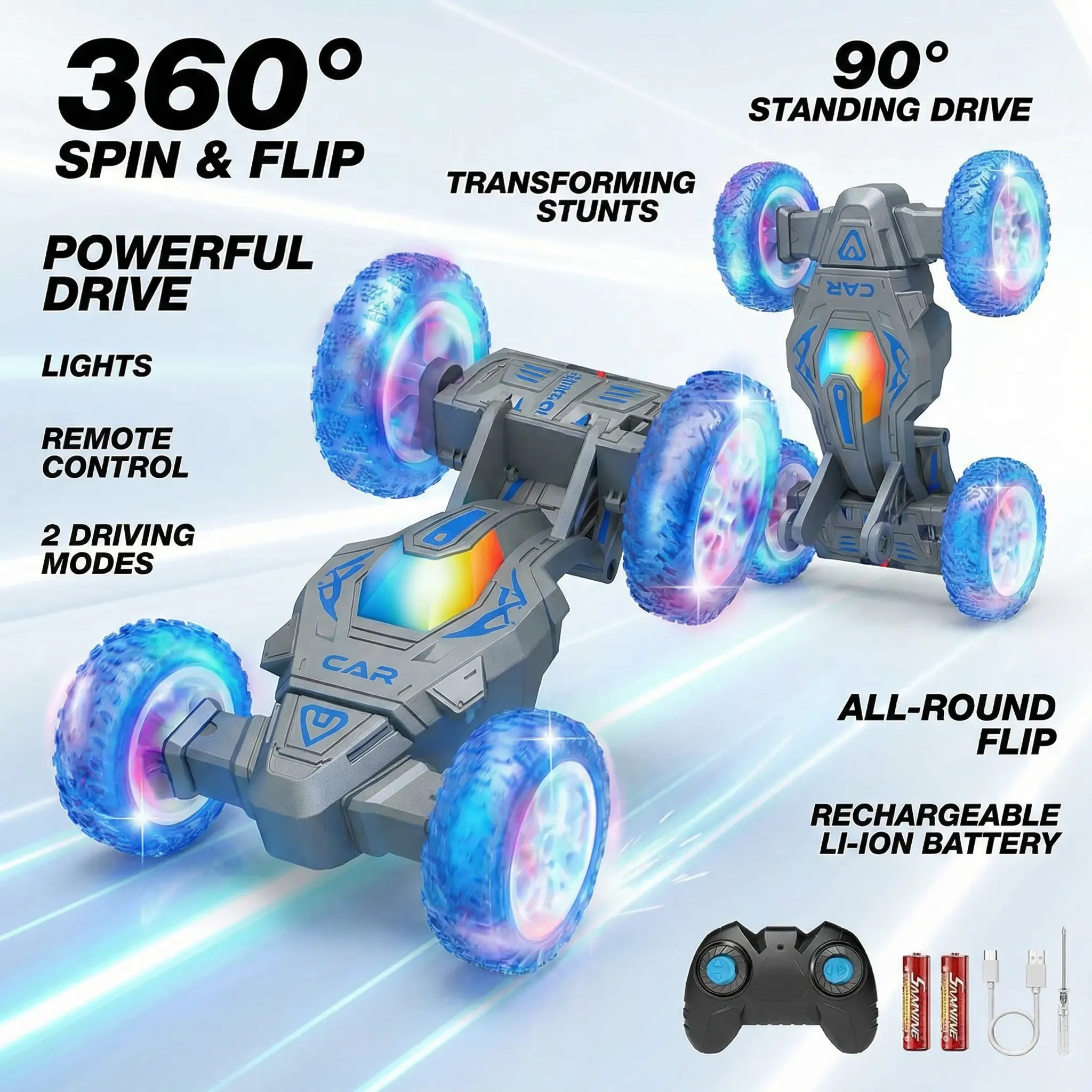 2-in-1 Transforming RC Stunt Car for Kids, Remote Control Toy Car with 360° Spins, Flips, Drift and Twisting Action, LED Glowing Wheels, 4WD Off-Road Racing Vehicle, Indoor Outdoor Gift for Boys Girls, Birthday Christmas Toy Car Fun! Rc Model Car Lights