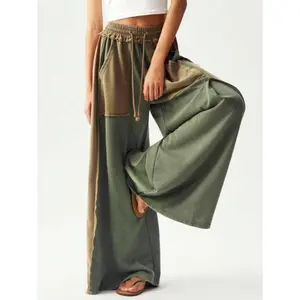 Women's Casual Knit Patchwork Loose Wide Leg Washed Pants