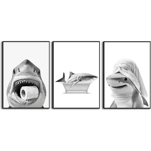 YOYIAXT 3Pcs Funny Bathroom Wall Art Black And White Shark Pictures Wall Decor Ocean Animal In Bathtub Canvas Painting Kid's Restroom Posters Toilet Artwork Decoration 12X16in Unframed