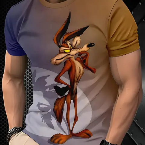 Men's Whimsical Cartoon Coyote Print Short Sleeve T-Shirt, Casual Graphic Tee, Versatile Streetwear, Tops