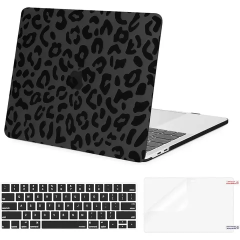 MOSISO 13 Inch Water Resistant Flexible Animal Print Plastic Leopard Grain Hard Case with Keyboard Cover & Screen Protector for MacBook Pro (M2 2025-2022, M1 2021-2016, A2338 A2251 A2289 A2159 A1989 A1708 A1706) for Study & Office Use, Black-【Compatible W