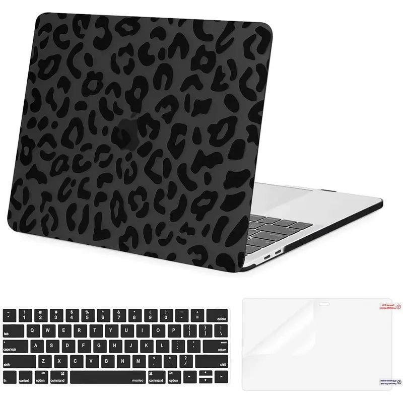 MOSISO 13 Inch Water Resistant Flexible Animal Print Plastic Leopard Grain Hard Case with Keyboard Cover & Screen Protector for MacBook Pro (M2 2025-2022, M1 2021-2016, A2338 A2251 A2289 A2159 A1989 A1708 A1706) for Study & Office Use, Black-【Compatible W