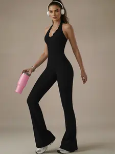 Women's Colorblock Lace Patchwork Bodysuit, Slim-Fitting Elastic Bell Bottoms, Sporty Yoga Fitness Gym Wear, Workout Jumpsuit, Sports Jumpsuit, Sporty Comfy Jumpsuit, All Seasons