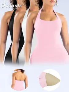 3 Pcs Women's Yoga Halter Neck Tank Top with Removable Pads, Three-Layer Seamless Backless Tank Tops Casual Solid Color Soft All Seasons Wear