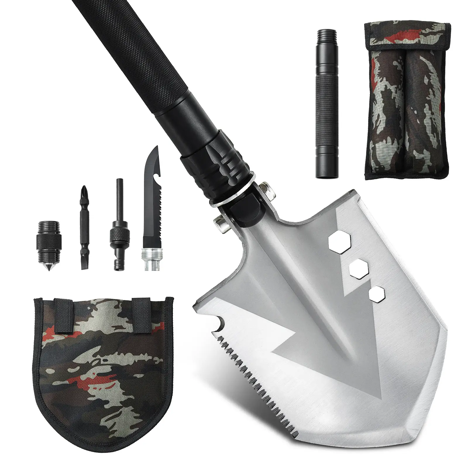 Survival Shovel, 8-in-1 Folding Steel Multitool with Saw and Hex Wrench - Essential Outdoor Gear for Hiking and Light Outdoor Camping, Hiking / Light Outdoor