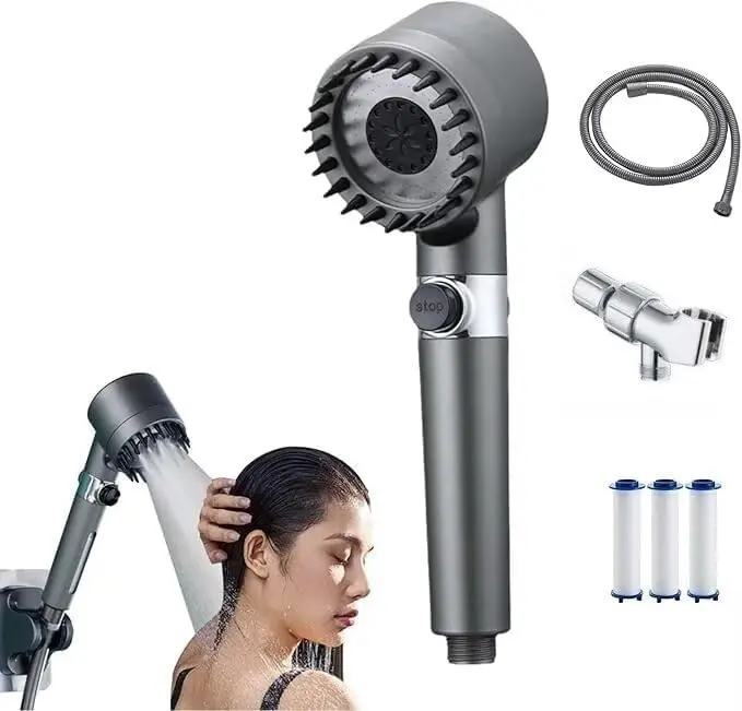4.4 / 5 ： 823  Ducha de Masaje Multifuncional, Cabezal de Ducha de Mano de Alta Presión, Ducha Multifuncional para Masaje y Cuidado de la Piel, 3 Configuraciones, Cabezal de Ducha Desmontable 4 en 1 con Manguera de 47 Pulgadas, Soporte y 4Filtros