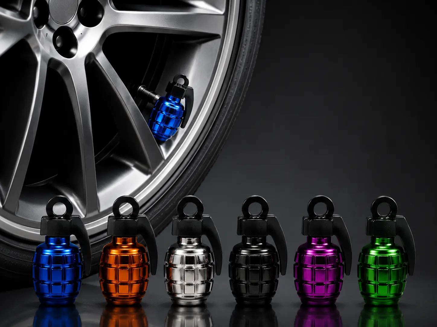 Set of 4 Grenade Valve Stem Caps – 6 Colors – Universal Car, Truck & Bike Tire Air Covers Auto Parts