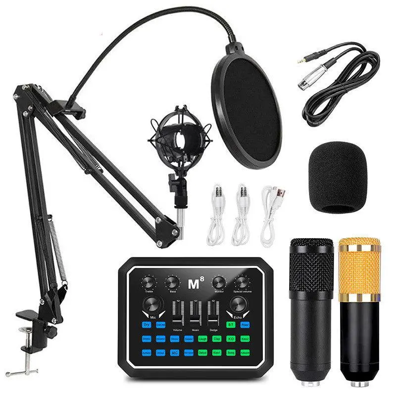 M8 Aluminum Condenser Microphone Sound Card Set High Sensitivity Low Noise for Podcast Live Broadcast PC Laptop Mobile Devices Professional Streaming Audio Kit