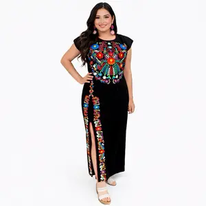 Mona Dress ~ Long Mexican Dress with Slit Women's Floral Embroidered Dress in Blue Black White Dress, Small-2XL,  Embroidery,  Womenswear Traditional, Summer