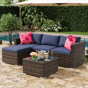 5-Piece Outdoor Sectional Sofa Set, All-Weather PE Rattan Patio Furniture with Ottoman & Tempered Glass Table, Convertible Garden Couch for Backyard, Porch, Poolside (Brown/Wine Red)