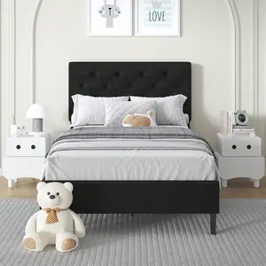 Bed Frame, Upholstered Platform Bed With Headboard, PU Leather Fabric Bed Frame, Button Tufted Design, Black Bed Frame Queen Full Twin , No Box Spring Required, Easy Assembly