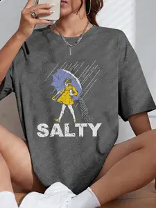 Women's Salty Pattern Print T-Shirt Knit, Short Sleeve Round Neck Casual Everyday Top, Summer & Spring Fashion, Fitted Style, Moderate Fabric