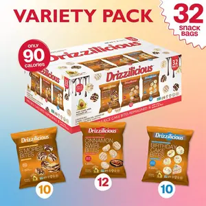 NEW 2026 !!! 32 Pack - Drizzilicious - Variety Pack Mini Rice Cakes [S'mores, Cinnamon Swirl, Birthday Cake] Only 90 Calories Per Bag - .74 oz