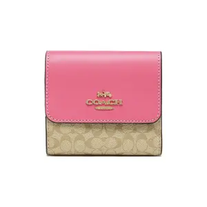 COACH Trifold Wallet with Gold Logo, Classic Print, Canvas and Leather, Women's Khaki and Pink