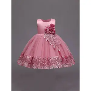 Girl's Faux Pearl & Bow Decor Appliques Fit and Flare Dress, Elegant Romantic Round Neck Sleeveless Party Dress for Party Holiday, Kids Summer Clothes