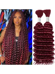 99j Burgundy Human Braiding Hair for Boho Braids 100g 2 Bundles Burgundy Deep Wave Bulk Boho Curly Human Hair for Braiding Wine red No Weft Wet and Wavy Braiding Hair Extensions Boho Box Braids
