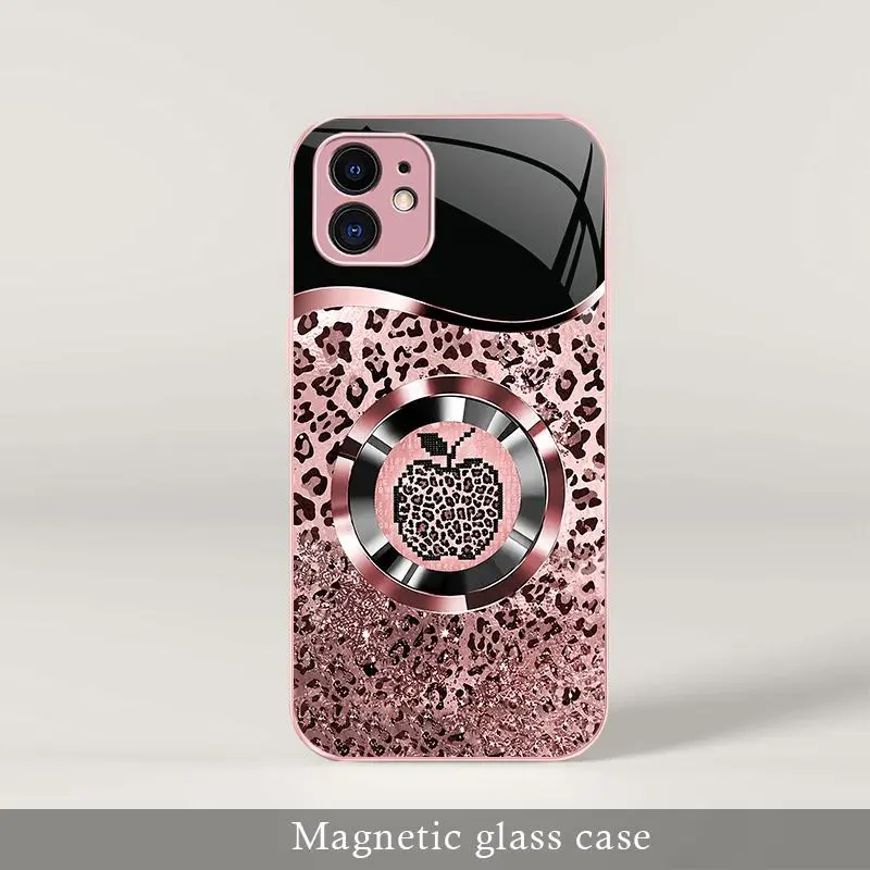 Trending Affordable Luxury Pink Glitter Mermaid Scale, Leopard Print MagSafe Glass Case for iPhone 11 - Smartphone, Cellphone, Handheld Devices Protection - 9435