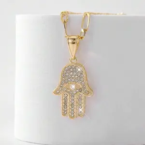 Gold Hamsa Hand Pendant Necklace with Blue Devil's Eye CZ Inlay for Men Women Fashion Jewelry