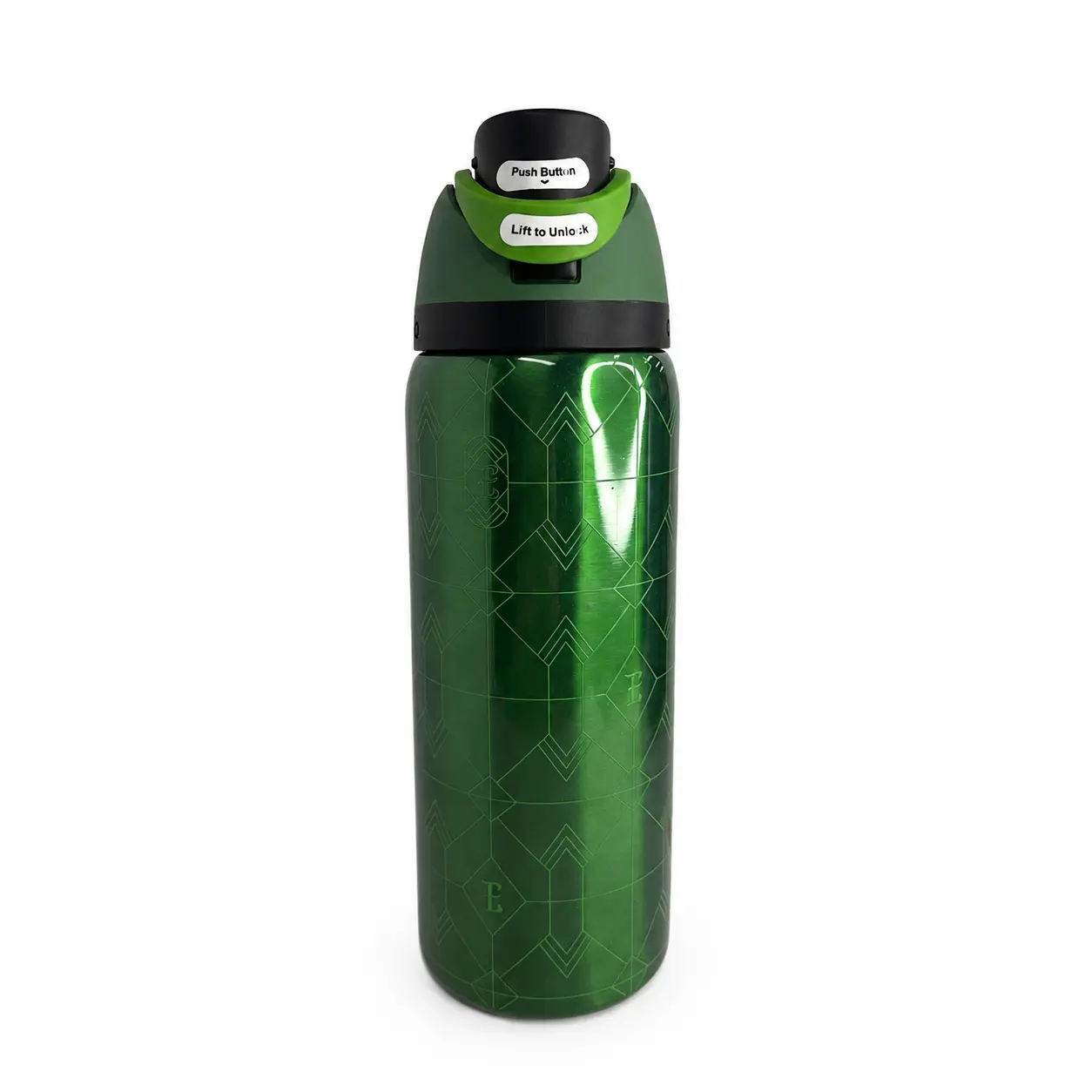 Owala FreeSip 32 oz insulated stainless steel water bottle, keeps drinks cold up to 24 hours, forest green geometric pattern, leakproof double-wall vacuum bottle with built-in straw for gym, travel, hiking, school, office