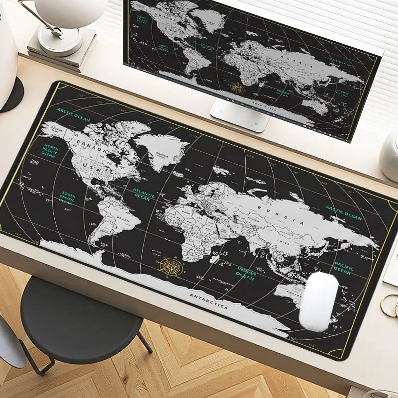 Desk Pad Retro Golden Black World Map Gaming Mousepad XXL For Laptop Desk Desk Organizer Desk Accessories, Computer Accessories For Desk, With Non-Slip Rubber Base Stitched Edges Surface For PC Gamers Office Workers Home Use Christmas Birthday Gift