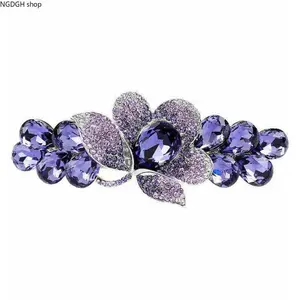 Women's Purple Crystal Floral Hair Barrette - Large Amethyst Teardrop Leaf Rhinestone Clip, Silver Setting, Strong Secure Lightweight Accessory for Wedding, Glamorous Evening Looks