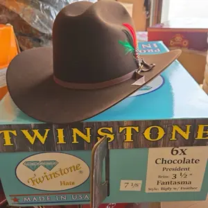 Twinstone 6x Chocolate President Hat with 3 1/2" Brim and 43/4 Cup Made in USA Biply w Feather
