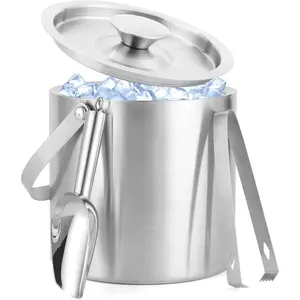 3L Stainless Steel Ice Bucket - Double-Wall Insulated Cooler Keeps Ice Frozen  for , Champagne & ,Includes Lid, Handle, Tong & Scoop