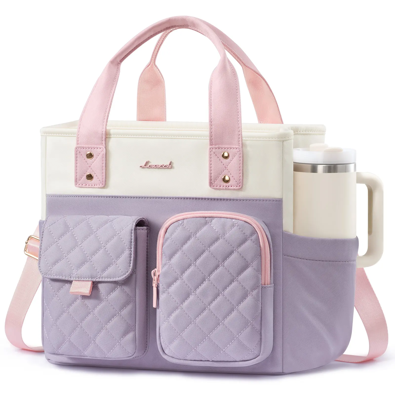 LOVEVOOK Lunch Bag for Women, Insulated Adult Lunch Box for Work, Wide Opening Leakproof Cooler Tote Bag for Office Campus Picnic Beach with Shoulder Strap, Loncheras Para Mujer with Cup Holder