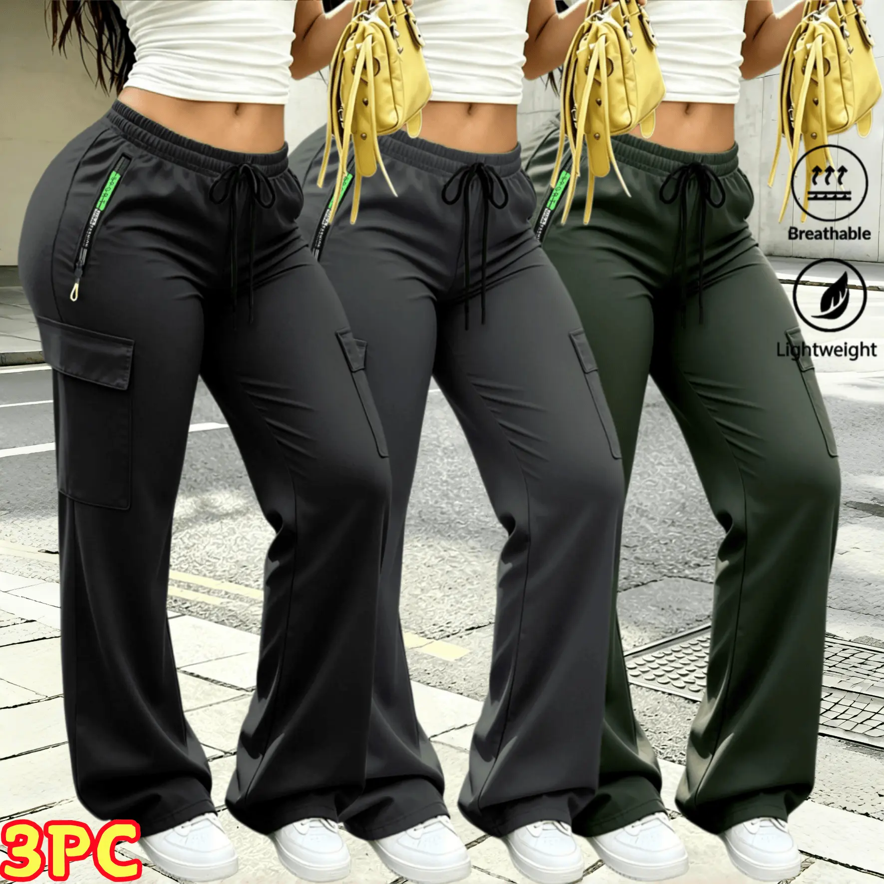 Women’s 3-piece viral multi-pocket cargo work pants set — elastic drawstring straight ankle pants, lightweight outdoor gym fitness casual pants, available in multiple colors