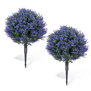 2 Pcs Artificial Bushes Violet Ball Topiary with Peak Soil UV Resistant Ornamental Plants for Garden Terrace Balcony Wedding Party Supplies