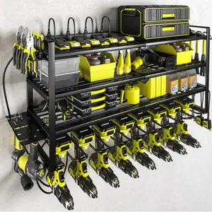 KAFAHOM Power Tool Organizer with Charging Station. 8 Drill Holder Built in 8 Outlets Power Strip,Tool Storage Shelf Wall Mount,Tool Battery Organizer with Screwdriver/Hammer/Air Tool Rack Wall-Mounted Cordless Tool Organizer Heavy Duty  Drill Organizer