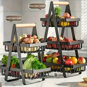 TAIMASI 2/3-Tier Adjustable Modular Smooth Steel Fruit and Vegetable Basket, High-Capacity Detachable Rectangular Countertop & Bath Wooden Organizer