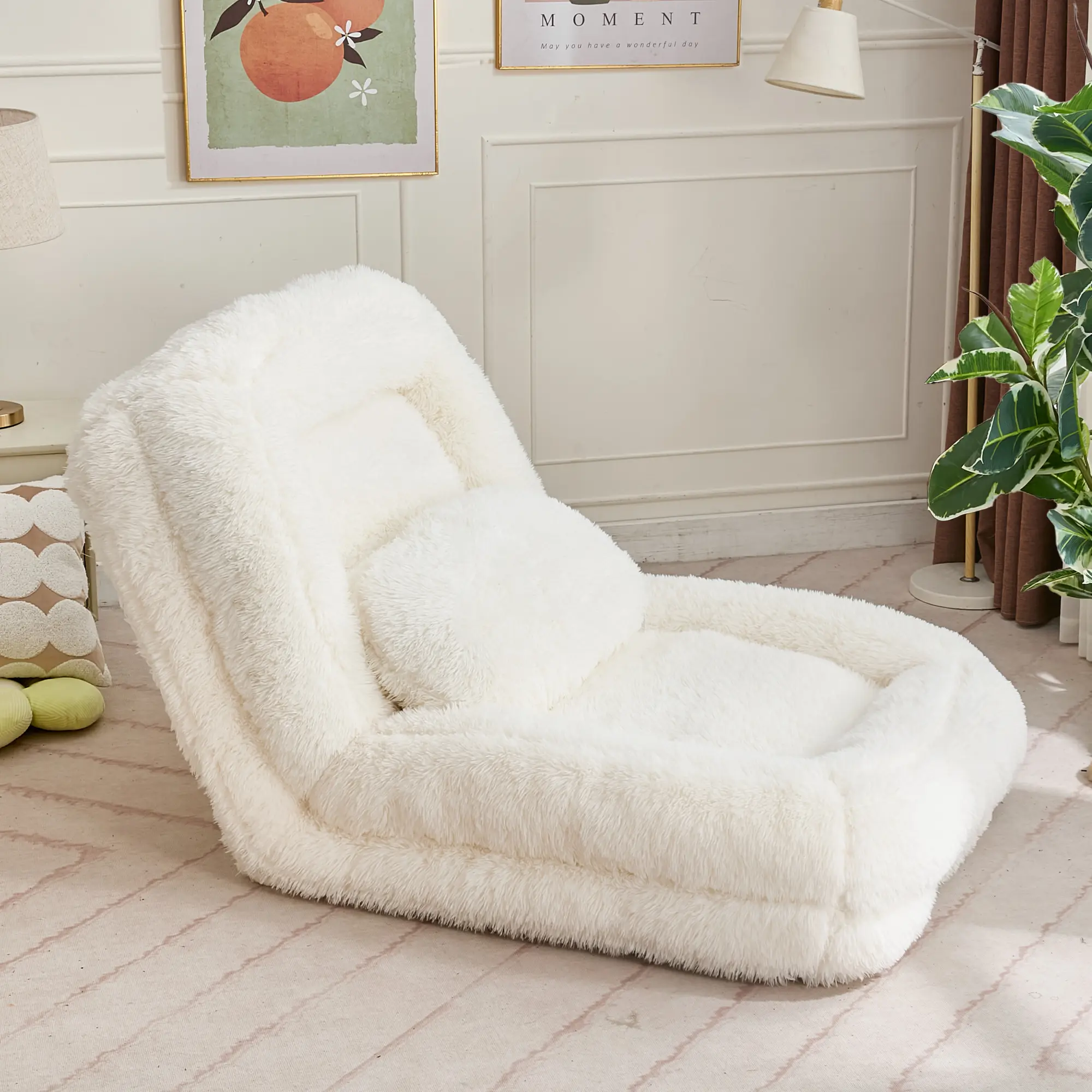5-Position Adjustable Convertible Floor Gaming Sofa - Plush Faux Fur Foldable Leisure Mat with Metal Frame for Gaming, Meditation, Indoor Relaxation