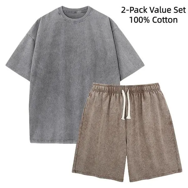 Men's 2-Piece Clothing Set - 100% Cotton Vintage Acid Wash Oversized Crew Neck Plain Tee, Breathable Drawstring Knee Shorts, Casual Soft Summer Loungewear for Daily Street Wear Men's 2-Piece Clothing Set - 100% Cotton Vintage Acid Wash Oversized Crew Neck Plain Tee, Breathable Drawstring Knee Shorts, Casual Soft Summer Loungewear for Daily Street Wear