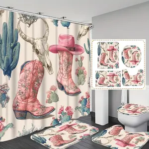 Floral Cactus Boots Hat Cow Skull Print Shower Curtain Set, Bathroom Accessories, Non-Slip Mat, U-Shaped Rug, Toilet Seat Cover