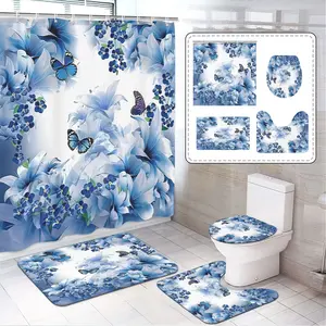 1/4pcs Elegant blue lily floral butterfly pattern shower curtain set, an ideal bathroom decoration for Mother's Day, with a romantic pink and blue garden theme, creating a dreamy bathing space