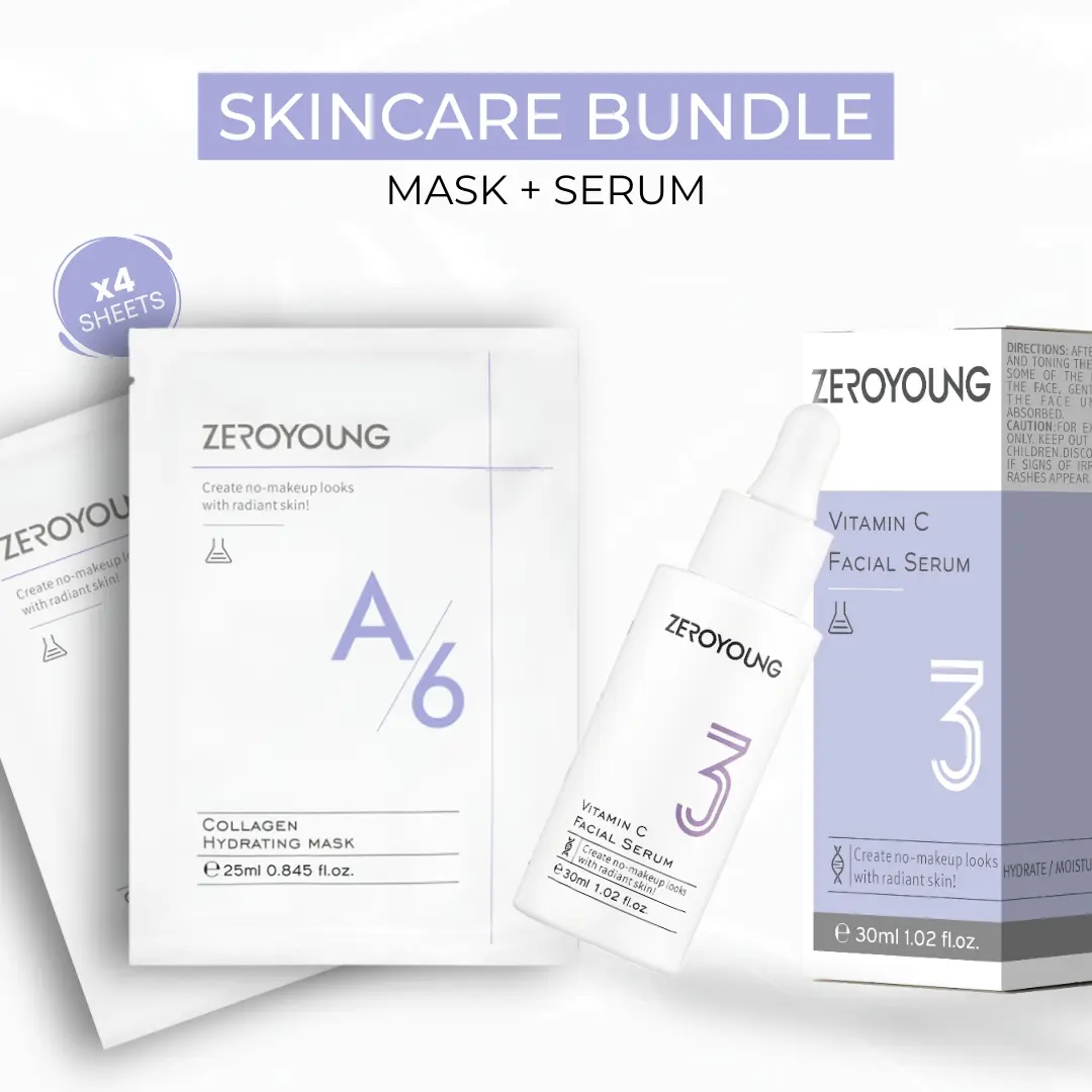 [ZEPOYOUNG] Skincare Bundle – Vitamin C Serum + Collagen Hydrating Face Mask (4 Sheets) Brightening, Moisturizing, Anti-Aging Set for Glowing Skin