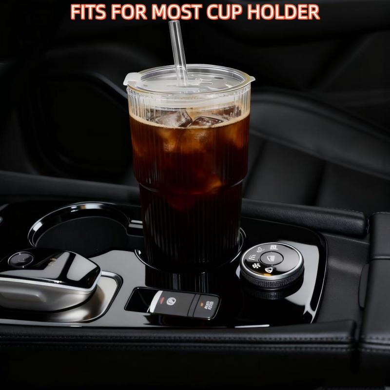 Ribbed Glass Coffee Cups with Lids & Straws, Set of 4 Premium Thick Glass Cups for Iced Coffee, Smoothies, Juice & Cocktails, Leak Proof Glass Tumblers