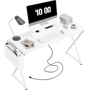 47" Office Desk with Monitor Stands & Fabric File Organizer White Computer Desk Writing Gaming Table with USB Port & Power Outlets for Home Office Adjustable Height Desk