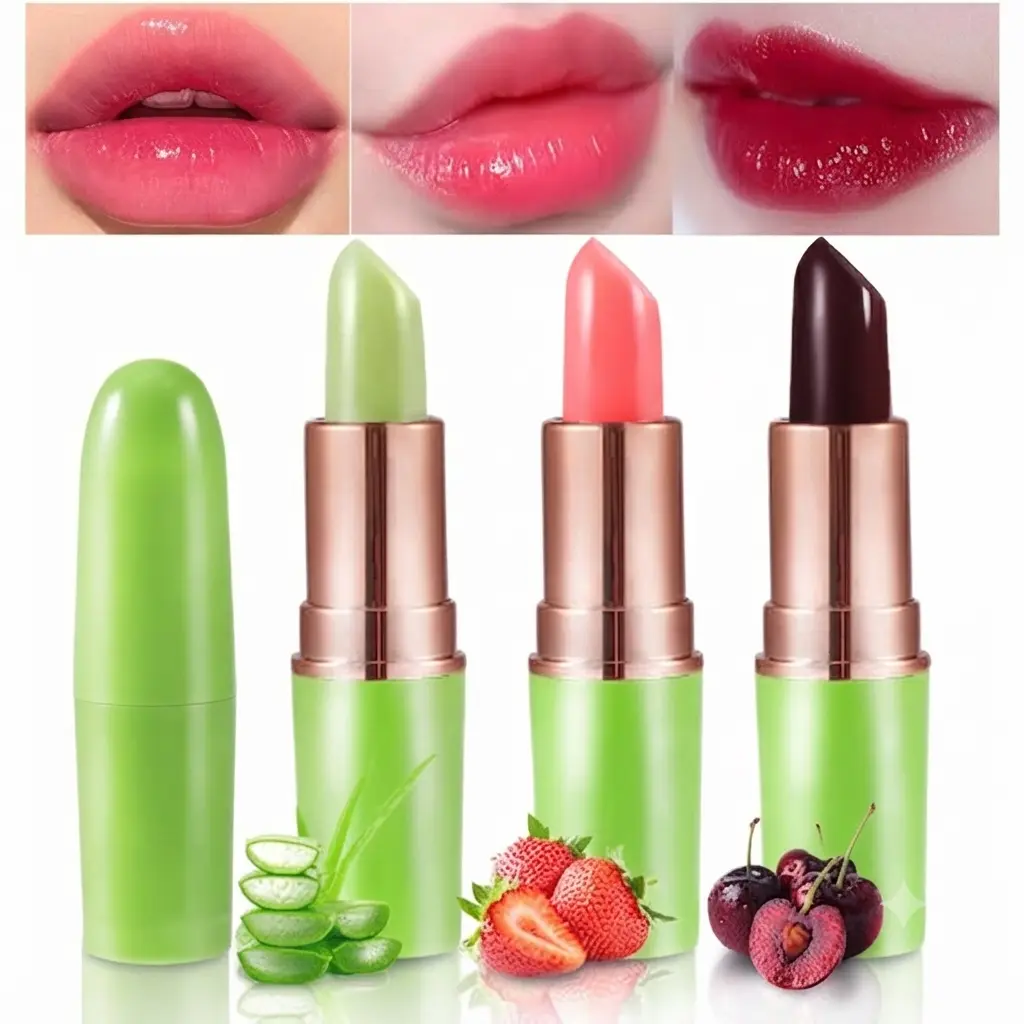 3Pcs Magic Color Changing Lipstick Long Lasting Waterproof 24 Hours Original for Women, Aloe Vera Strawberry Black Red Cherry PH Mood Permanent Color Changing Lipstick Lip Balm