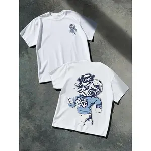 Graphic Tee UNC Tar Heels Casual T Shirt Double Printed 100% Cotton Blue White Mascot Design