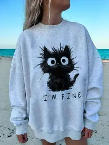 Women's Cat Print Sweatshirt, Casual Fall & Winter Long Sleeve Pullover, Fitted Thick Knit Fabric, Fashion Daily Wear Top