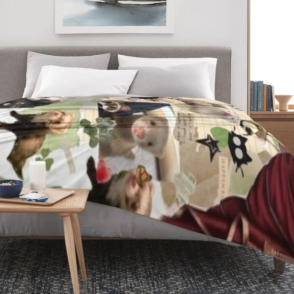 Ferret Lover Collage Flannel Blanket - Cozy Animal Artwork Throw for Kids & Adults, Vintage Scrapbook Style, Room Decor & Pet Lover Gift, Animal Artwork Blankets