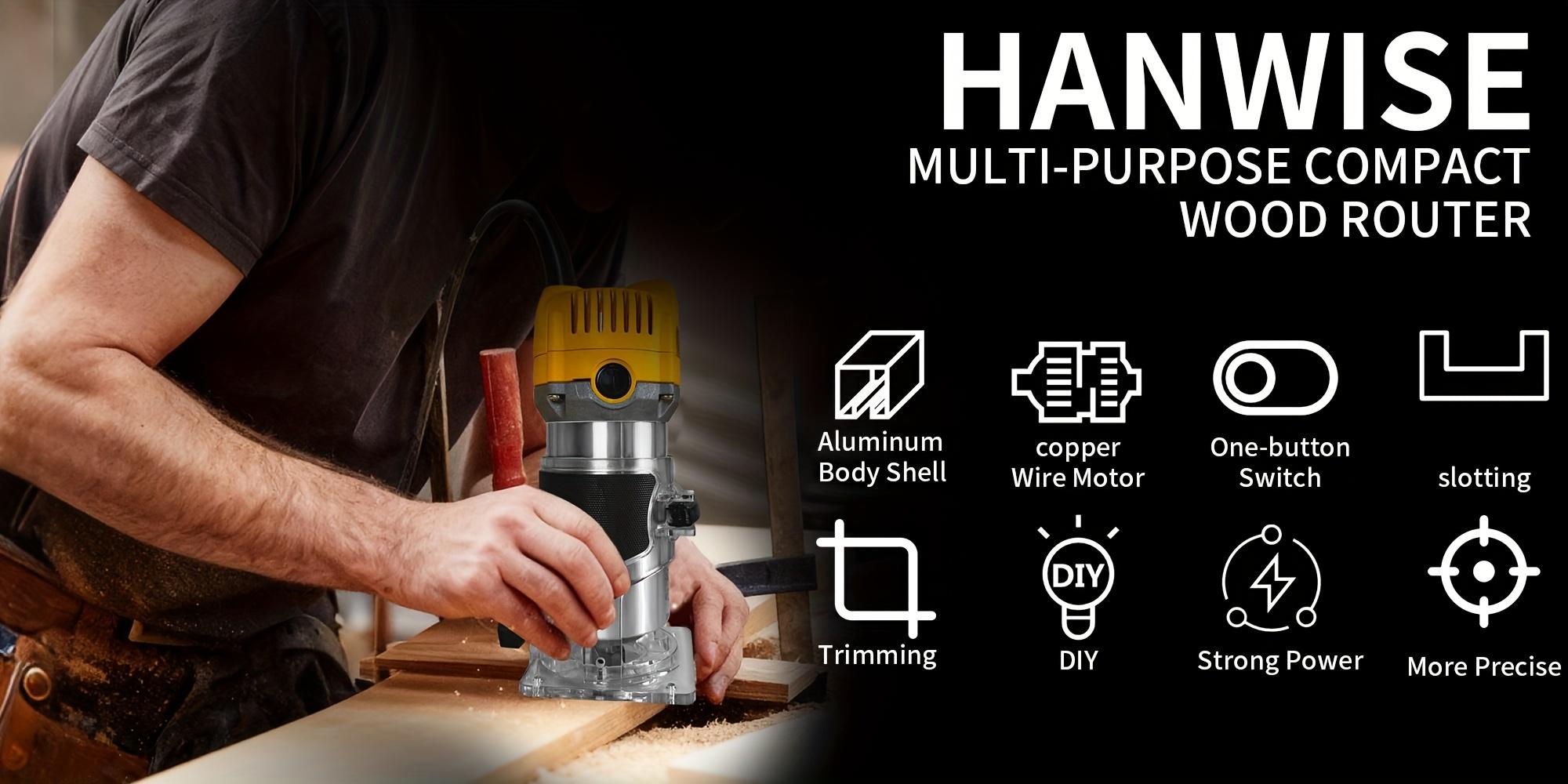 Hanwise Compact 800W Wood Router, Professional/ DIY Woodworking Tool For Slotting, Trimming, Edging, Carving - Dust Collection System, Transparent Base, Includes Guide Rail & Wrench, 110V US Plug, Ideal For Beginners & Pros, Woodworking Equipment