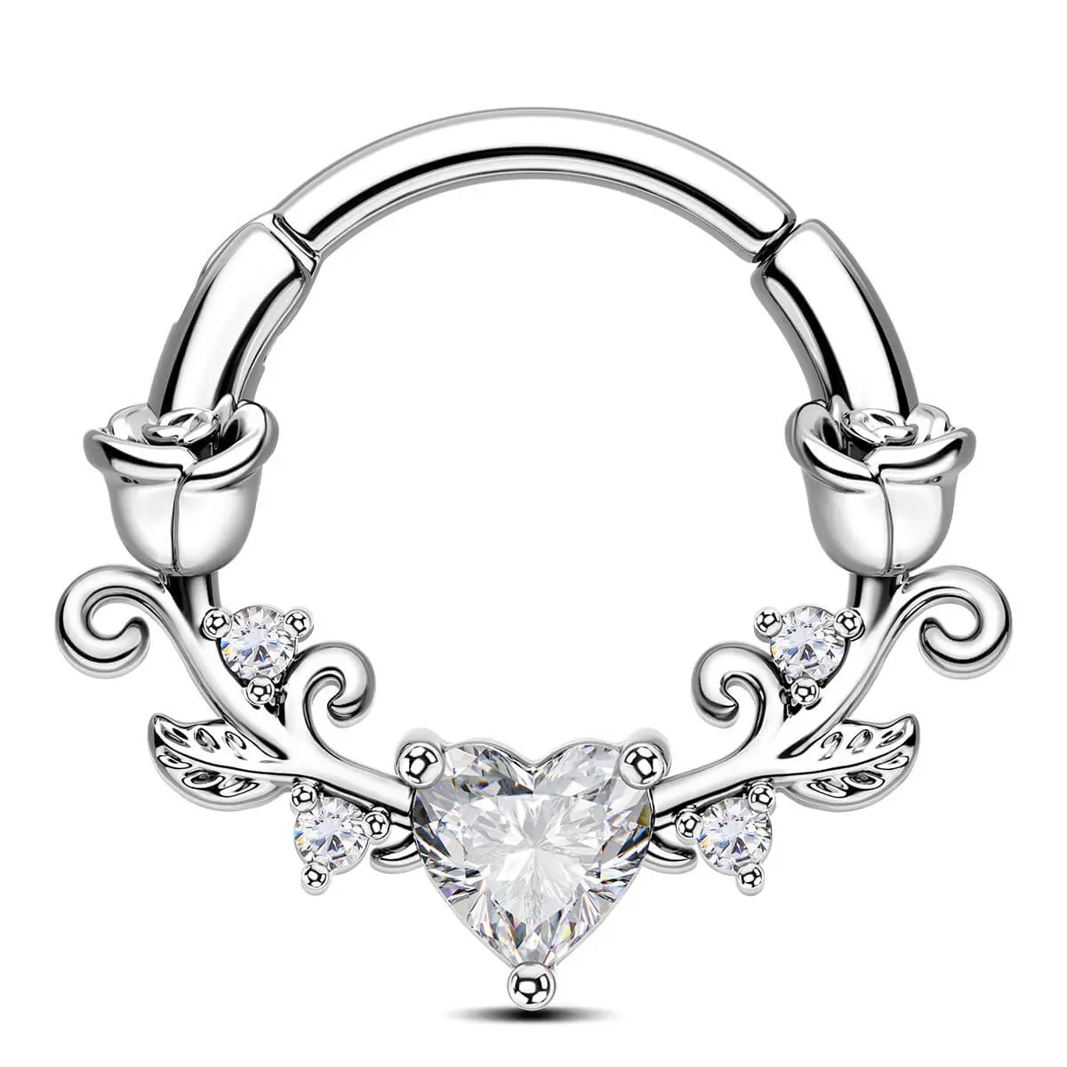 Oufer 16G Heart CZ Symmetrical Roses Hinged Segment Septum Ring - 316L Stainless Steel