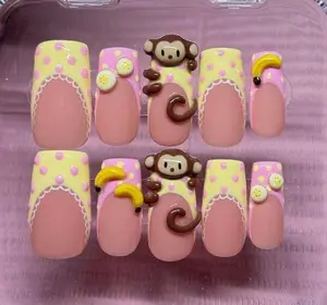 3D Monkey Banana Charms Press On Nails, Kawaii Polka Dot Nail Art Set, Cute Cartoon Animal Fake Nails, Handmade Almond Nails for Kids & Teens, Fun Birthday Gift for Girls, Party Nails, Playful Japanese Aesthetic Nail Design