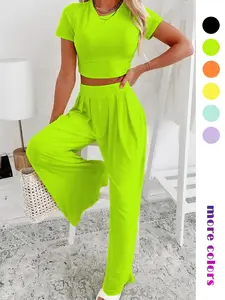 Women's Solid Round Neck Crop Top & High Waist Wide Leg Pants Set, Casual Short Sleeve Crew Neck Tee & Plicated Trousers For Daily Wear, Ladies Summer Clothes