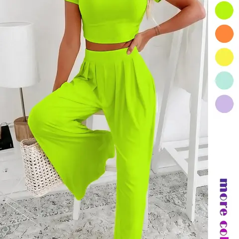 Women's Solid Round Neck Crop Top & High-Waist Wide-Leg Pants Set, Casual Beach Set, Basic Minimalist Short Sleeve Tee & Pleated Trousers for Daily Wear, Ladies Summer Clothes, Casual Everyday Set